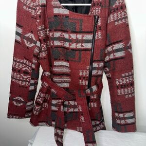 Red and Gray Aztec Primt Patterned Jacket with Belt